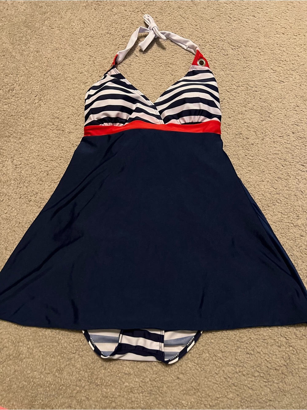Navy, White & Red Halter One-Piece Swimdress.  Runs small - see measurements